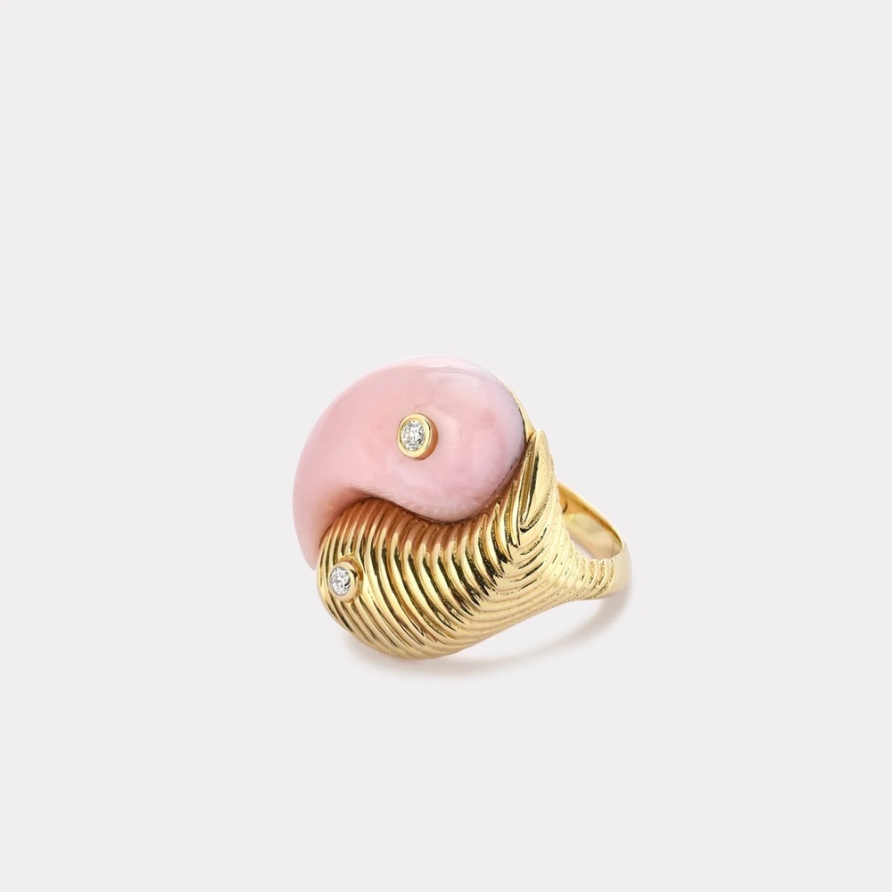 Retrouvai pink opal 14k gold diamond yin yang ring